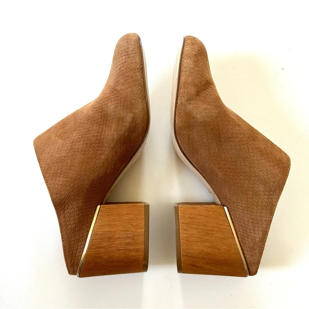 Calvin Klein Cognac Brown Leather Suede Snakeskin Embossed Heeled Judia Mules - Picture 5 of 11
